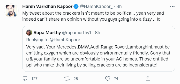 Harsh Varrdhan Kapoor has now deleted the tweets.