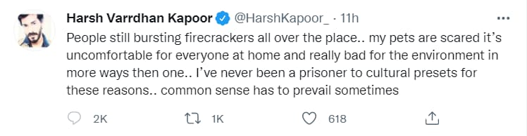 Harsh Varrdhan Kapoor shared a tweet against the bursting of crackers.