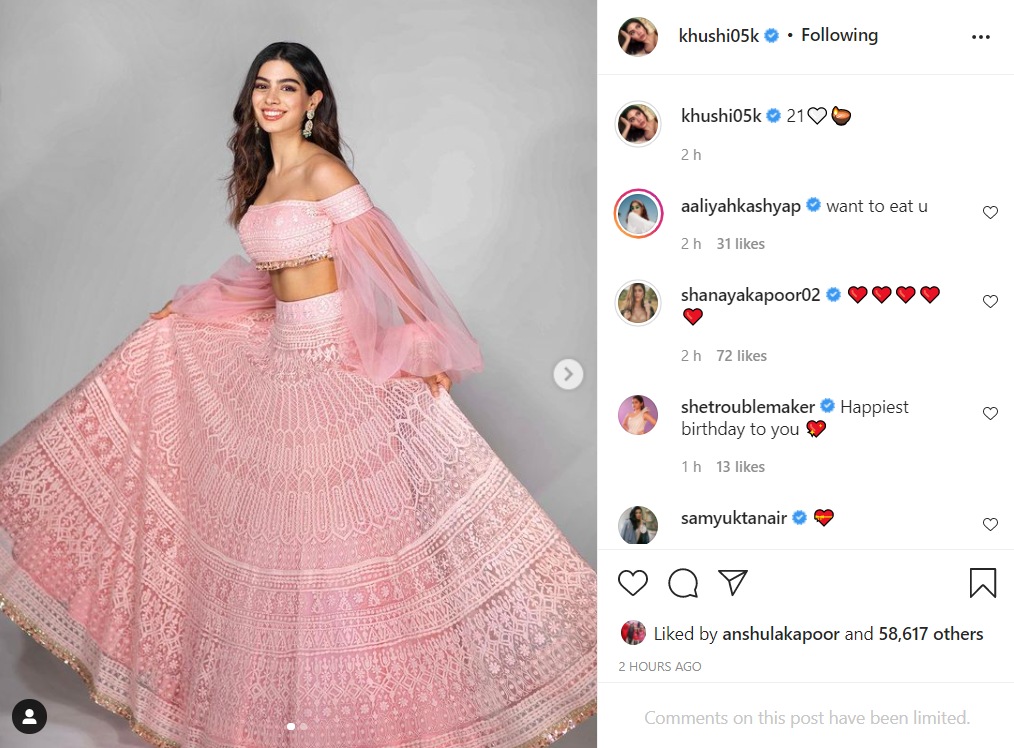 Khushi Kapoor shared pictures of herself in a pink lehenga on Instagram.