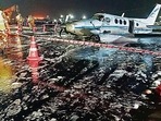 A tire of an aircraft Beech Craft King AirB 250 GT of the MP State aviation department carrying Remdesivir injections from Indore for COVID-19 patients crash-landed in Gwalior on May 7(ANI Photo) A tire of an aircraft Beech Craft King AirB 250 GT of the MP State aviation department carrying Remdesivir injections from Indore for COVID-19 patients crash-landed in Gwalior on May 7(ANI Photo)