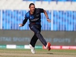 Namibia's David Wiese throws the ball to run out Ireland's Mark Adair during the Cricket Twenty20 World Cup first round match between Namibia and Ireland in Sharjah, UAE, Friday, Oct. 22, 2021.(AP) Namibia's David Wiese throws the ball to run out Ireland's Mark Adair during the Cricket Twenty20 World Cup first round match between Namibia and Ireland in Sharjah, UAE, Friday, Oct. 22, 2021.(AP)