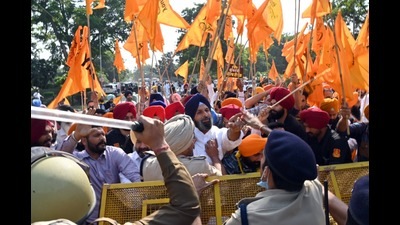 SAD leaders and workers clash with police in Chandigarh on Saturday. SAD leaders and workers clash with police in Chandigarh on Saturday.