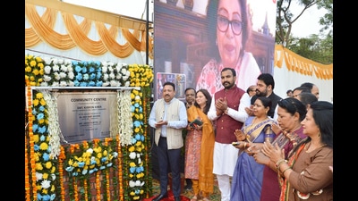 The new community centre in Mauli Jagran being inaugurated virtually by Chandigarh MP Kirron Kher here on Saturday. (Gurtej Singh/HT)