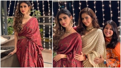 Mouni Roy went all traditional this Diwali as she posed in a beautiful maroon ruffled saree. She teamed it with golden jhumkas and a choker. (Instagram/@imouniroy) Mouni Roy went all traditional this Diwali as she posed in a beautiful maroon ruffled saree. She teamed it with golden jhumkas and a choker. (Instagram/@imouniroy)