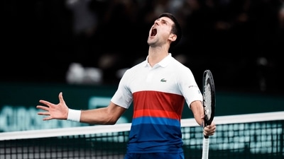 Paris: Novak Djokovic of Serbia celebrates his win over Hubert Hurkacz of Poland, during their semifinal match at the Paris Masters tennis tournament at the Accor Arena, in Paris, France, Saturday, Nov. 6, 2021.&nbsp; (AP)