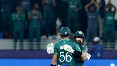 Mohammad Rizwan and Babar Azam put an unbeaten 152-run partnership to secure a 10-wicket win over India. (REUTERS)