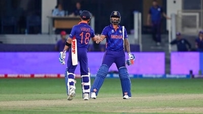 India's captain Virat Kohli, and Suryakumar Yadav celebrate after India won the Cricket Twenty20 World Cup match between India and Scotland in Dubai, UAE, Friday. (AP) India's captain Virat Kohli, and Suryakumar Yadav celebrate after India won the Cricket Twenty20 World Cup match between India and Scotland in Dubai, UAE, Friday. (AP)