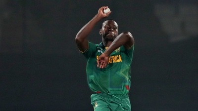 South Africa's Kagiso Rabada bowls during the Cricket Twenty20 World Cup match between England and South Africa in Sharjah, UAE, Saturday, Nov. 6, 2021. (AP Photo/Aijaz Rahi) (AP) South Africa's Kagiso Rabada bowls during the Cricket Twenty20 World Cup match between England and South Africa in Sharjah, UAE, Saturday, Nov. 6, 2021. (AP Photo/Aijaz Rahi) (AP)