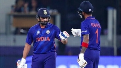India's KL Rahul, right, celebrates with batting partner Rohit Sharma after hitting a boundary plays a shot during the Cricket Twenty20 World Cup match between India and Scotland in Dubai, UAE, Friday, Nov. 5, 2021. (AP) India's KL Rahul, right, celebrates with batting partner Rohit Sharma after hitting a boundary plays a shot during the Cricket Twenty20 World Cup match between India and Scotland in Dubai, UAE, Friday, Nov. 5, 2021. (AP)