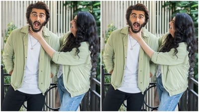 The first picture shows Anshula and Arjun smiling for the camera, while the second photo shows her playfully holding the actor's neck. Arjun captioned the post, "When I agree with her about my spending habits V/S When I go ahead & buy what I want anyway." (Instagram/@anshulakapoor) The first picture shows Anshula and Arjun smiling for the camera, while the second photo shows her playfully holding the actor's neck. Arjun captioned the post, "When I agree with her about my spending habits V/S When I go ahead & buy what I want anyway." (Instagram/@anshulakapoor)