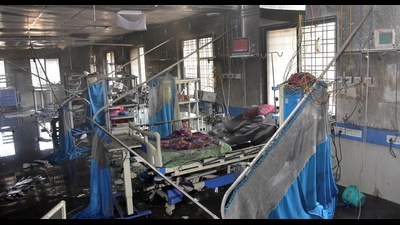View of a hospital's COVID-19 ward that caught fire in Ahmednagar, in the western state of Maharashtra. (REUTERS) View of a hospital's COVID-19 ward that caught fire in Ahmednagar, in the western state of Maharashtra. (REUTERS)