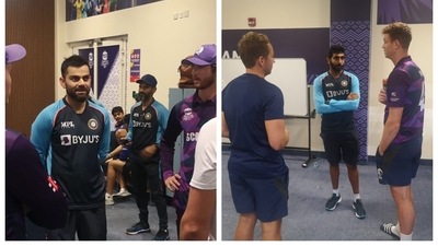 Virat Kohli, Jasprit Bumrah talking to Scotland players after their World Cup match Virat Kohli, Jasprit Bumrah talking to Scotland players after their World Cup match