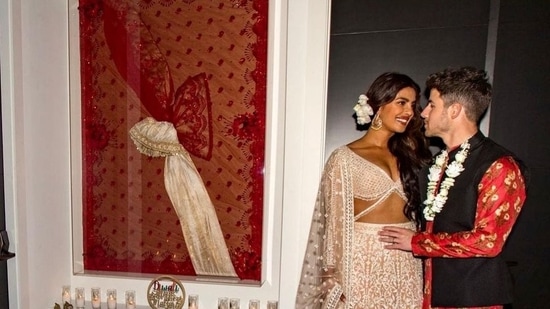 Priyanka Chopra shows off an important art piece made from her and husband Nick Jonas’ wedding ensembles.&nbsp;