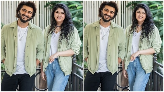 On the auspicious occasion of Bhai Dooj, Arjun and Anshula decided to get pictures clicked wearing matching olive green shirts over white T-shirts. While Anshula teamed her look with light blue denim, open locks and layered chains, Arjun wore black pants and a sleek silver chain.(Instagram/@anshulakapoor)