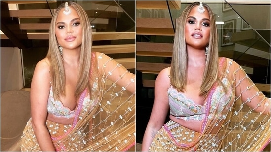Chrissy Teigen wears nude saree for Diwali festivities and it is worth <span class='webrupee'>₹</span>1 lakh, see new pics Chrissy Teigen wears nude saree for Diwali festivities and it is worth <span class='webrupee'>₹</span>1 lakh, see new pics