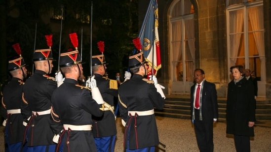 NSA Ajit Doval with French Defence Minister Florence Parly at Les Invalides ceremonial reception