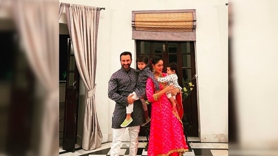 Kareena Kapoor Khan and Saif Ali Khan tried taking a perfect family Diwali photo but got distracted by their adorable kids Jeh Ali Khan and Taimur Ali Khan.(Instagram/@kareenakapoorkhan)