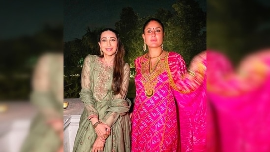 The Kapoor sisters, Kareena Kapoor Khan and Karisma Kapoor flaunt their Diwali outfits.(Instagram/@kareenakapoorkhan)