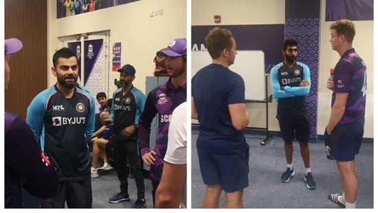 Virat Kohli, Jasprit Bumrah talking to Scotland players after their World Cup match