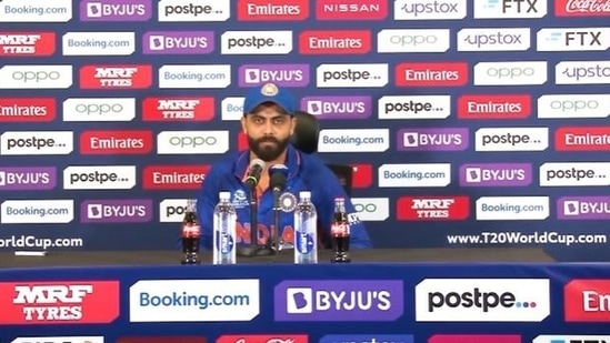 Ravindra Jadeja addresses the press after India's win over Scotland