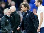 Tottenham's head coach Antonio Conte, center, and Tottenham's Harry Kane leave the field after the English Premier League soccer match between Everton and Tottenham Hotspur at Goodison Park in Liverpool, England, Sunday, Nov. 7, 2021. (AP Photo/Jon Super)(AP) Tottenham's head coach Antonio Conte, center, and Tottenham's Harry Kane leave the field after the English Premier League soccer match between Everton and Tottenham Hotspur at Goodison Park in Liverpool, England, Sunday, Nov. 7, 2021. (AP Photo/Jon Super)(AP)