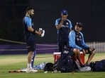Coach Ravi Shastri, right, talks with captain Virat Kohli, left, during a training session a day ahead of their match against Pakistan, in Dubai, UAE, Saturday, Oct. 23, 2021.(AP) Coach Ravi Shastri, right, talks with captain Virat Kohli, left, during a training session a day ahead of their match against Pakistan, in Dubai, UAE, Saturday, Oct. 23, 2021.(AP)