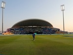Players perform at the Zayed Cricket Stadium during the Cricket Twenty20 World Cup match between New Zealand and Afghanistan in Abu Dhabi, UAE, Sunday, Nov. 7, 2021. (AP) Players perform at the Zayed Cricket Stadium during the Cricket Twenty20 World Cup match between New Zealand and Afghanistan in Abu Dhabi, UAE, Sunday, Nov. 7, 2021. (AP)