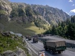 Indian army convoy moves on the Srinagar- Ladakh highway at Gagangeer, northeast of Srinagar, Jammu and Kashmir.(AP Photo/File) Indian army convoy moves on the Srinagar- Ladakh highway at Gagangeer, northeast of Srinagar, Jammu and Kashmir.(AP Photo/File)