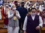 Prime Minister Narendra Modi and BJP chief JP Nadda at the national executive committee meeting in New Delhi on Sunday.(PTI) Prime Minister Narendra Modi and BJP chief JP Nadda at the national executive committee meeting in New Delhi on Sunday.(PTI)