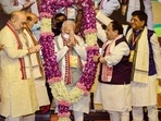 PM Narendra Modi being felicitated by BJP leaders during party's national executive meeting in New Delhi.(PTI) PM Narendra Modi being felicitated by BJP leaders during party's national executive meeting in New Delhi.(PTI)