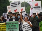 Students Federation of India (SFI) activists protested outside Tripura Bhawan in New Delhi against communal violence in Tripura, (HT Photo/Amal KS) Students Federation of India (SFI) activists protested outside Tripura Bhawan in New Delhi against communal violence in Tripura, (HT Photo/Amal KS)