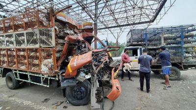 The front portion of the tempo, carrying chickens, was completely damaged in the incident. (HT Photo-Praful Gangurde) The front portion of the tempo, carrying chickens, was completely damaged in the incident. (HT Photo-Praful Gangurde)