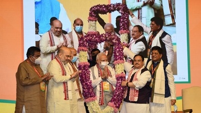 BJP's national office-bearers, its national executive members from the national capital, and Union ministers are attending the meet. (HT PHOTO) BJP's national office-bearers, its national executive members from the national capital, and Union ministers are attending the meet. (HT PHOTO)