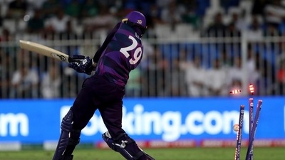 Scotland's Michael Leask is bowled out by Pakistan's Shaheen Afridi during the Cricket Twenty20 World Cup match between Pakistan and Scotland in Sharjah, UAE, Sunday, Nov. 7, 2021. (AP) Scotland's Michael Leask is bowled out by Pakistan's Shaheen Afridi during the Cricket Twenty20 World Cup match between Pakistan and Scotland in Sharjah, UAE, Sunday, Nov. 7, 2021. (AP)