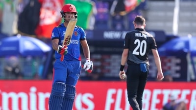 Afghanistan's Najibullah Zadran gestures with his bat after reaching 50 runs during the Cricket Twenty20 World Cup match between New Zealand and Afghanistan in Abu Dhabi, UAE, Sunday, Nov. 7, 2021. (AP Photo/Kamran Jebreili) (AP) Afghanistan's Najibullah Zadran gestures with his bat after reaching 50 runs during the Cricket Twenty20 World Cup match between New Zealand and Afghanistan in Abu Dhabi, UAE, Sunday, Nov. 7, 2021. (AP Photo/Kamran Jebreili) (AP)