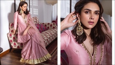 Aditi Rao Hydari's killer look in ₹28k soft pink lehenga makes fans weak-kneed (Instagram/sanamratansi) Aditi Rao Hydari's killer look in ₹28k soft pink lehenga makes fans weak-kneed (Instagram/sanamratansi)