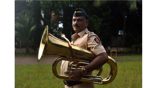 Arif Shaikh, member of the Mumbai Police Band, also known as “Khaki Studio” on YouTube, with his trumpet after a practice session in Naigaon, Mumbai.(Photo by Satish Bate/HindustanTimes)
