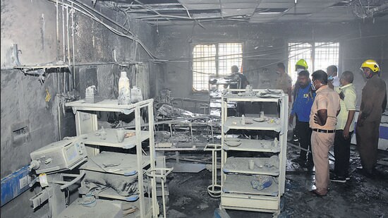 Remains of the ICU at the Civil hospital in Ahmednagar after fire was doused on Saturday, A day after the fire at the Ahmednagar civil hospital, Rajesh Deshmukh, district collector of Pune, will undertake a review to check the fire audit and compliance at hospitals in the district. (HT)