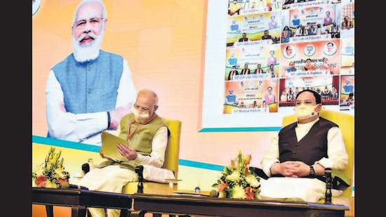 Prime Minister Narendra Modi during BJP National Executive Meeting at NDMC Convention Centre in New Delhi on Sunday. (Arvind Yadav/HT PHOTO)