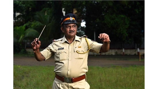Sudhir Beluse, a member of the Mumbai Police Band who also conducts the practice sessions, in Mumbai.&nbsp;(Photo by Satish Bate/Hindustan Times)