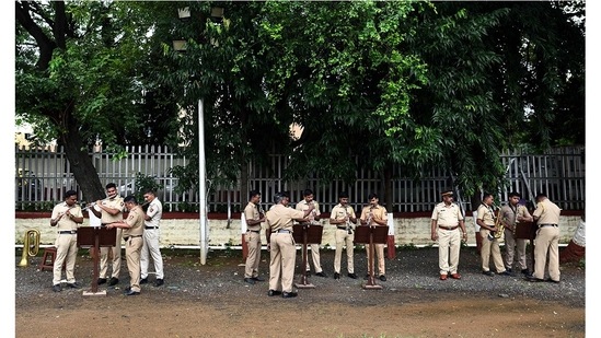 Mumbai Police Band, also known as “Khaki Studio” on YouTube, during a practice session in Naigaon, Mumbai.(Photo by Satish Bate/Hindustan Times)