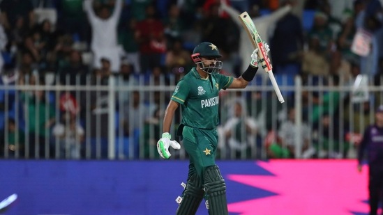 Sharjah: Pakistan's captain Babar Azam celebrates scoring fifty runs during the Cricket Twenty20 World Cup match between Pakistan and Scotland in Sharjah, UAE, Sunday, Nov. 7, 2021. (AP) Sharjah: Pakistan's captain Babar Azam celebrates scoring fifty runs during the Cricket Twenty20 World Cup match between Pakistan and Scotland in Sharjah, UAE, Sunday, Nov. 7, 2021. (AP)