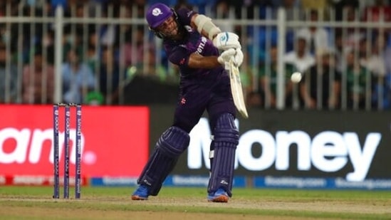 Scotland's captain Kyle Coetzer plays a shot during the Cricket Twenty20 World Cup match between Pakistan and Scotland in Sharjah, UAE, Sunday, Nov. 7, 2021.&nbsp;(AP)