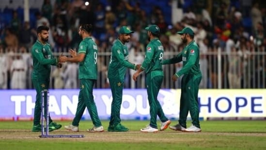 Pakistan Players Greet Each Other After Their Win In The Cricket Twenty20 World Cup Match Against Scotland In Sharjah, Uae, Sunday, Nov. 7, 2021.&Amp;Nbsp;(Ap)