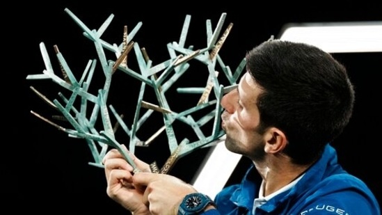 Serbia's Novak Djokovic kisses his trophy after defeating Russia's Daniil Medvedev in the final match of the Paris Masters tennis tournament at the Accor Arena in Paris, Sunday, Nov.7, 2021. Djokovic won 4-6, 6-3, 6-3.(AP) Serbia's Novak Djokovic kisses his trophy after defeating Russia's Daniil Medvedev in the final match of the Paris Masters tennis tournament at the Accor Arena in Paris, Sunday, Nov.7, 2021. Djokovic won 4-6, 6-3, 6-3.(AP)