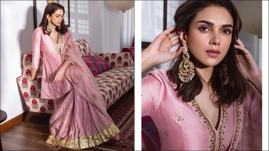 Aditi Rao Hydari's killer look in <span class='webrupee'>?</span>28k soft pink lehenga makes fans weak-kneed(Instagram/sanamratansi)