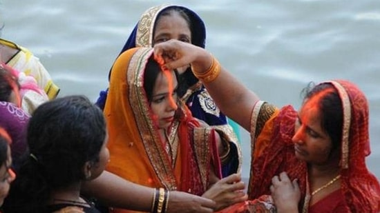 Married women celebrating Chhath Puja.