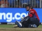 England's Jason Roy reacts in pain after an injury during the Cricket Twenty20 World Cup match between England and South Africa in Sharjah, UAE, Saturday, Nov. 6, 2021. (AP) England's Jason Roy reacts in pain after an injury during the Cricket Twenty20 World Cup match between England and South Africa in Sharjah, UAE, Saturday, Nov. 6, 2021. (AP)