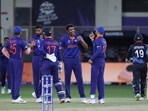 Dubai: India's Ravichandran Ashwin, centre, and teammates celebrate the dismissal of Namibia's Nicole Loftie-Eaton during the Cricket Twenty20 World Cup match between India and Namibia in Dubai, UAE, Monday, Nov. 8, 2021. AP/PTI(AP11_08_2021_000230A)(AP)