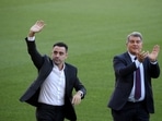 FC Barcelona unveil new coach Xavi - Camp Nou, Barcelona, Spain - November 8, 2021 FC Barcelona coach Xavi and president Joan Laporta during the unveiling